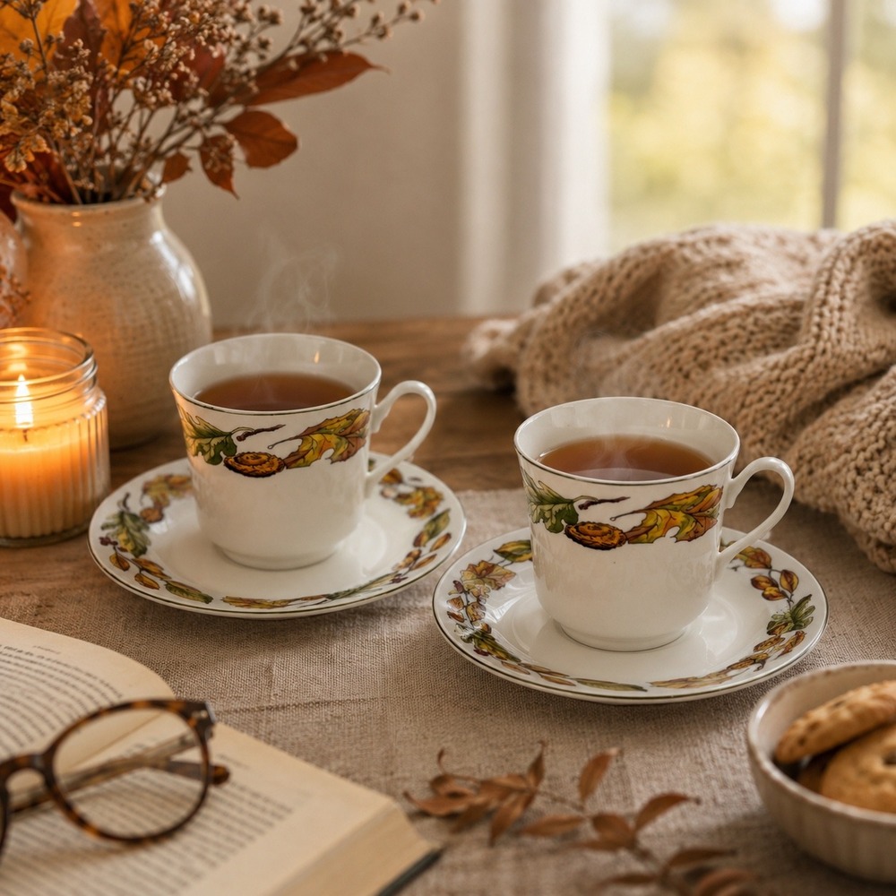 American Atelier Pilgrims Harvest Tea Cup Saucer Set of 2 Acorn Fall Leaves 7035